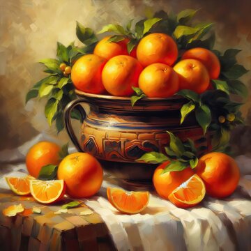 still life with oranges in bowl oil paint generative ai illustration