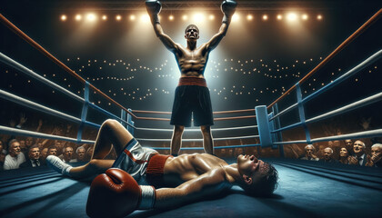 Victory Shot in Boxing: Knockout with Boxer Down and Victor’s Arms Raised in Spotlighted Ring, Dramatic Contrast with Dimly Lit Arena - obrazy, fototapety, plakaty