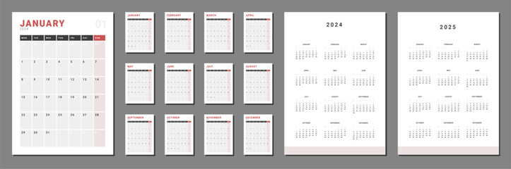 Set of Monthly pages Calendar Planner Templates 2024-2025 for wall or desk in grey and red color. Vector layout of calendar with week start Monday for print. Pages for size A4 or 21x29.7 cm - obrazy, fototapety, plakaty
