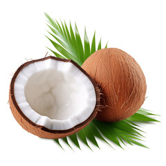 Half and whole coconut slice with green leaves isolated on transparent or white background, png - obrazy, fototapety, plakaty