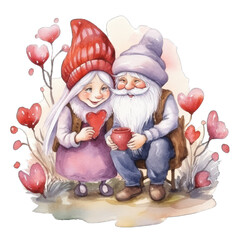 Cute gnome romantic couple, for Valentine's day, watercolor illustration, isolated on white background