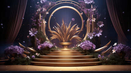 Exalted Victory Podium Adorned with a Glorious Stage for the Triumphant Champion, the Ultimate Winner, Surrounded by a Breathtaking Bouquet of Exquisite Flowers and Lush, Verdant Leaves