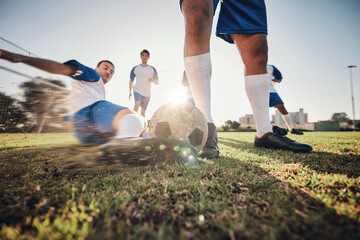 Closeup, ball and soccer with men, tackle and exercise with sports, competition and training. Zoom,...