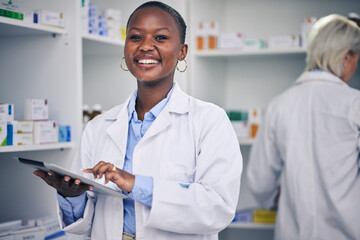 Portrait of pharmacist, black woman with tablet and checklist for stock medicine, information and advice. Digital list, pharmacy and medical professional with smile, online inventory and telehealth.