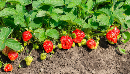 I garden ripe strawberry bushes in the countryside