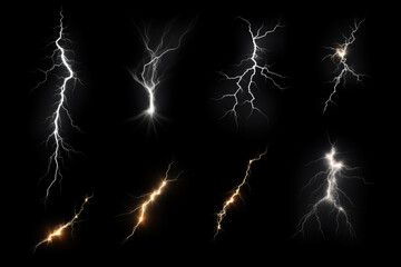 A set of electric thunder bolts, lights effects. Isolated on a black background. Magical, sorcery concept