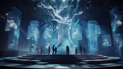 Surrealistic Fusion of a Stage Adorned with a Podium, Encased in a Translucent Glass Cube, Set Amidst a Glowing Tree in a Dark and Mystical Realm