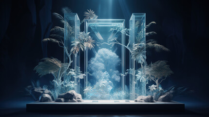 The Luminescent Surreality, In the Depths of the Enigmatic Dark, a Glass-Cubed Podium Illuminated by the Glowing Tree on the Stage of Imagination