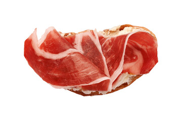 Tasty sandwich with cured ham isolated on white, top view