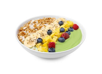 Tasty matcha smoothie bowl served with fresh fruits and oatmeal isolated on white. Healthy breakfast