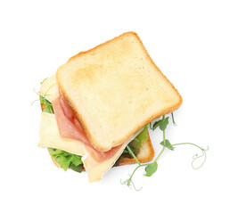 Tasty sandwich with brie cheese and prosciutto isolated on white, top view