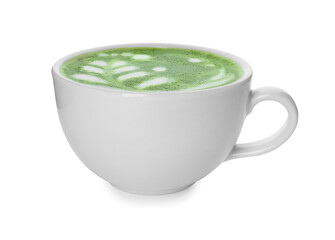 Cup of fresh matcha latte isolated on white