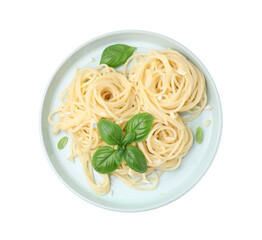 Delicious pasta with brie cheese and basil leaves on white background, top view