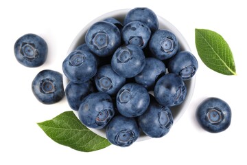 Fresh ripe blueberries and leaves isolated on white, top view