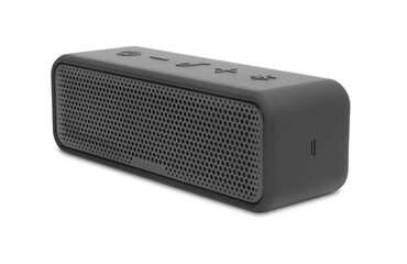 One black portable bluetooth speaker isolated on white. Audio equipment