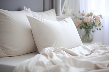 Comfortable soft pillows on the bed. Close-up white bedding sheets and pillow on light wall room background. Fresh bed concept