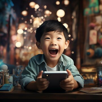 happy kod playing games on his smartphone