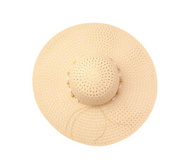 Stylish straw hat isolated on white, top view