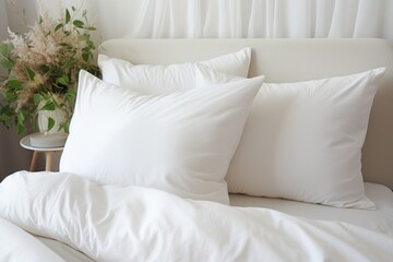 Comfortable soft pillows on the bed. Close-up white bedding sheets and pillow on light wall room background. Fresh bed concept - 671921339