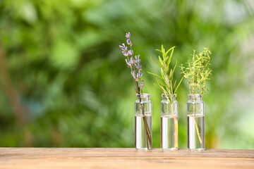 Bottles with essential oils and plants on wooden table against blurred green background. Space for text