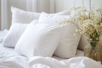 Comfortable soft pillows on the bed. Close-up white bedding sheets and pillow on light wall room background. Fresh bed concept - 671921528