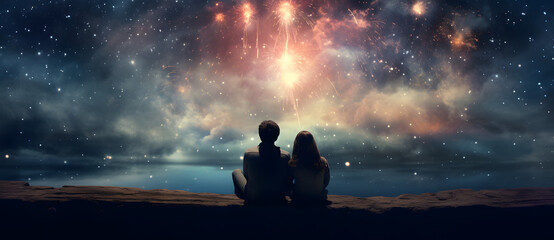 A couple looks up at the fireworks in the sky 1 - obrazy, fototapety, plakaty