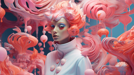 Enigmatic Ethereal Extravaganza, A Whimsical 3D Character in a Surrealistic Realm, Infused with Abstract Pink Objects and Mesmerizing Effects - obrazy, fototapety, plakaty