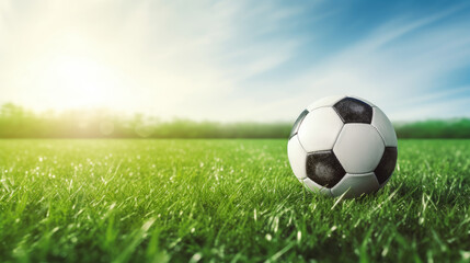 Soccer Ball with green grass and blue sky