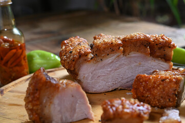 crackling, fried pork skin pururuca, pork pancetta brazilian food