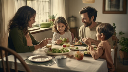 Obraz na płótnie Canvas Happy Family Together Around a Beautifully Set Dining Table, Enjoying Nutrient-Rich Vegetables with Beaming Smiles of Pure Delight and Contentment