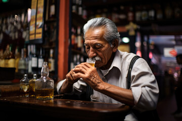 Old hispanic man holding a glass of tequila sitting at a bar counter - obrazy, fototapety, plakaty