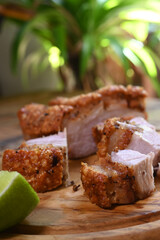 crackling, fried pork skin pururuca, pork pancetta brazilian food