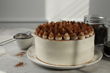 Delicious tiramisu cake with cocoa powder on light table