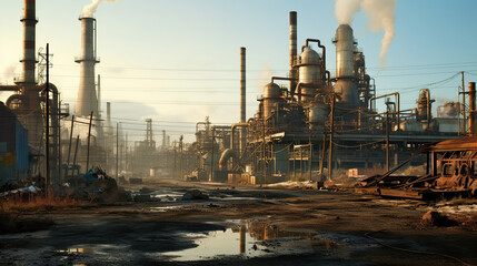 Fototapeta na wymiar Scenic Industrial Landscape with Iconic Factory Smoke Stacks and a Serene Puddle of Water