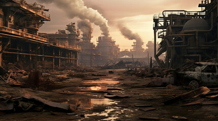 Scenic Industrial Landscape with Iconic Factory Smoke Stacks and a Serene Puddle of Water - obrazy, fototapety, plakaty