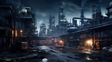 Scenic Industrial Landscape with Iconic Factory Smoke Stacks and a Serene Puddle of Water