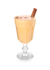 Delicious eggnog with cinnamon in glass isolated on white