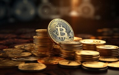 Bitcoin cryptocurrency gold coins stack background