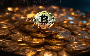 Bitcoin cryptocurrency gold coins stack background