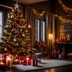 Interior of a house at Christmas time. Warm and cozy living room with Christmas tree, decorations...