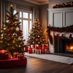 Interior of a house at Christmas time. Warm and cozy living room with Christmas tree, decorations and presents