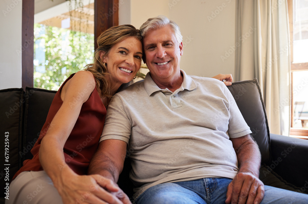 Canvas Prints Portrait, relax and senior couple with smile on the living room sofa of their house in retirement. Happy elderly man and woman bonding in marriage with love, affection and happiness on the couch