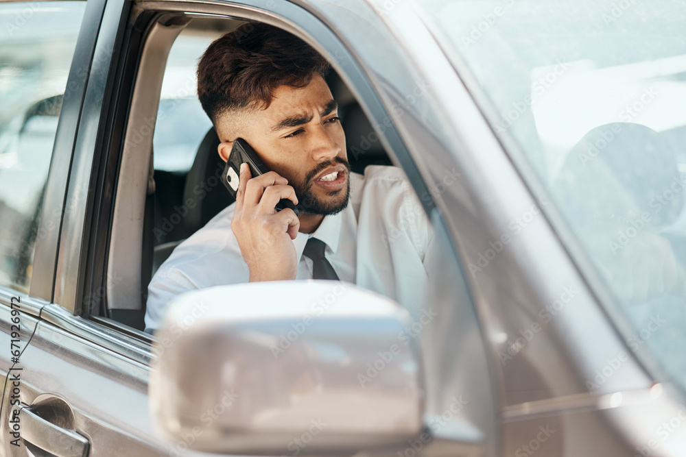 Poster business man, phone call and driving in car for communication, mobile networking and chat in traffic