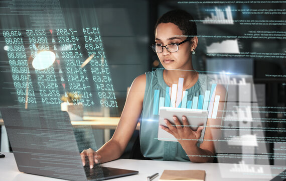 Laptop hologram hud, stock market or woman review finance chart, IPO database graph or future night overlay. Forex investment ui, online data analysis or African broker trading NFT, bitcoin or crypto
