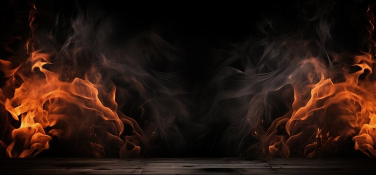 Black wooden background and fire flames, digital illustration, background for advertisement. Generative AI