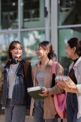 university students using a digital tablet while walking to next class