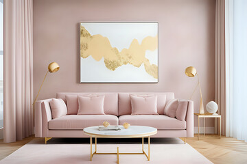 Luxury modern apartment living room with pastel pink marble texture and gold highlights artwork frame. 3d rendering