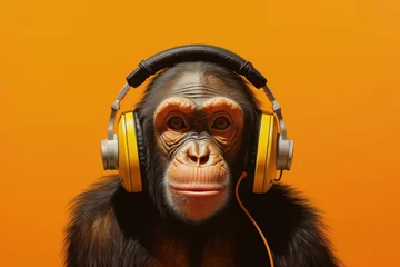 Zelfklevend Fotobehang Illustration of chimpanzee with headphones, leisure and entertainment music concept, orange background. Generative AI © Deivison