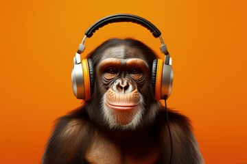 Illustration of chimpanzee with headphones, leisure and entertainment music concept, orange background. Generative AI - obrazy, fototapety, plakaty