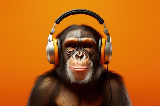 Illustration of chimpanzee with headphones, leisure and entertainment music concept, orange background. Generative AI